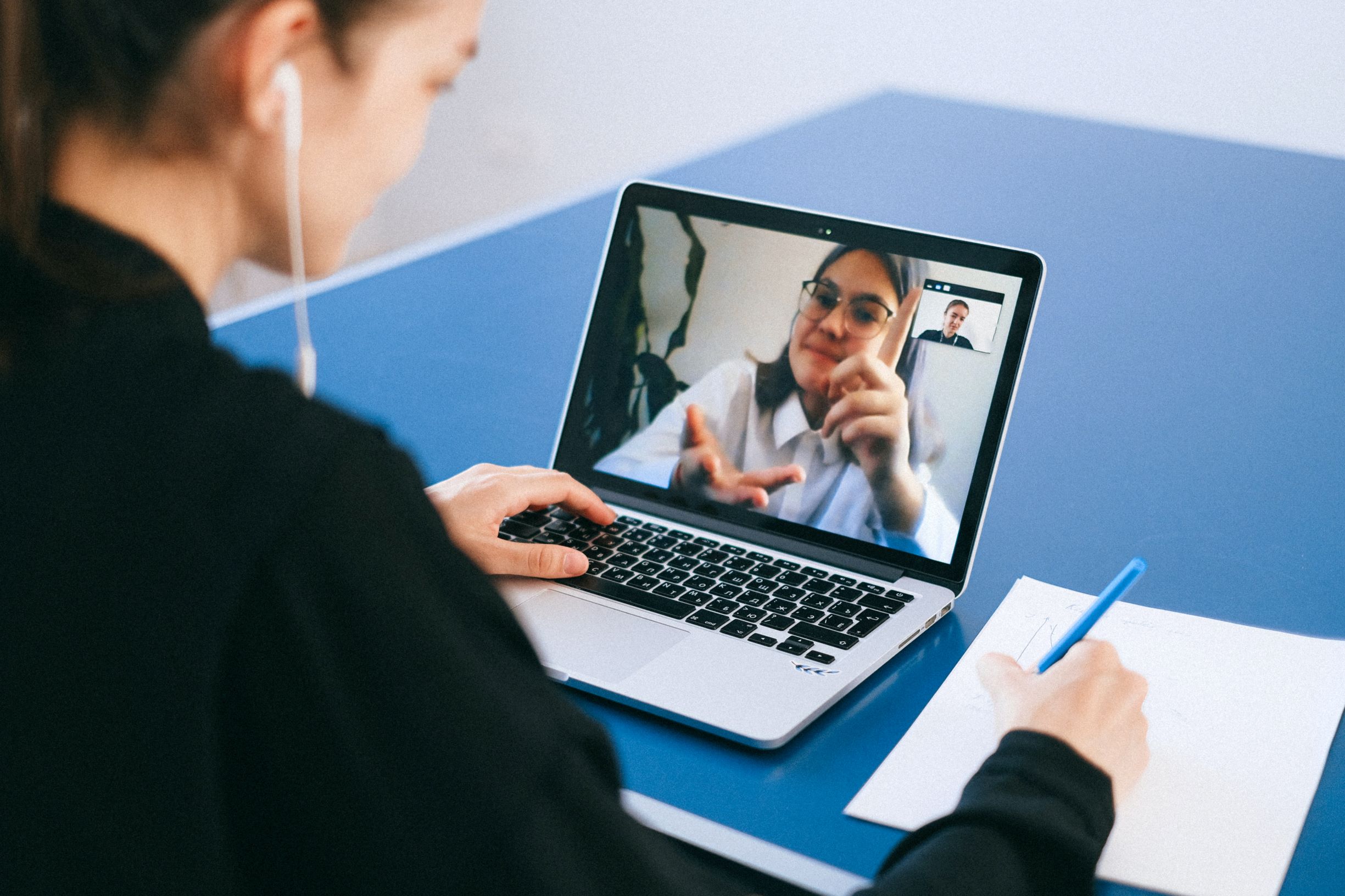 A woman on a video call with another woman for a virtual interview